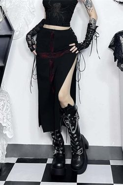 Y2K Gothic Punk Lace-Up Slit Midi Skirt - Retro 90s Grunge Summer Outfit