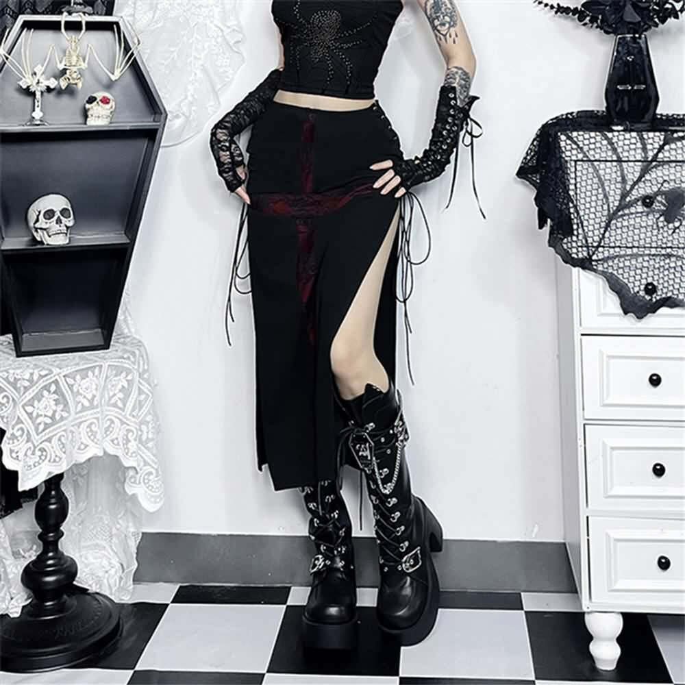 Y2K Gothic Punk Lace-Up Slit Midi Skirt - Retro 90s Grunge Summer Outfit