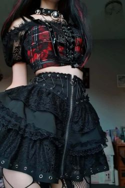 Y2K Gothic Punk Lace Mesh Ruffle Tiered Skirt - 90s Grunge Summer Outfit for Women