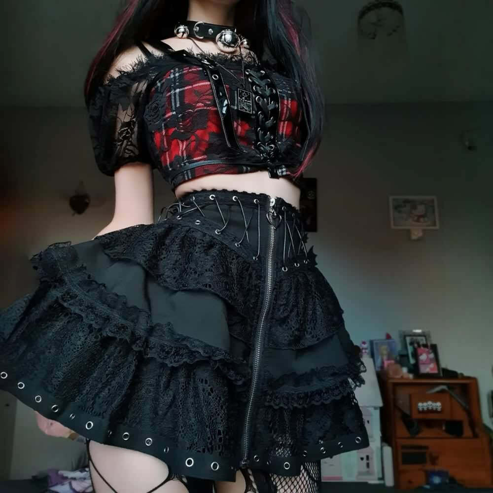Y2K Gothic Punk Lace Mesh Ruffle Tiered Skirt - 90s Grunge Summer Outfit for Women