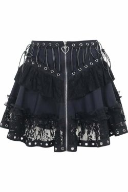 Y2K Gothic Punk Lace Mesh Ruffle Tiered Skirt - 90s Grunge Summer Outfit for Women