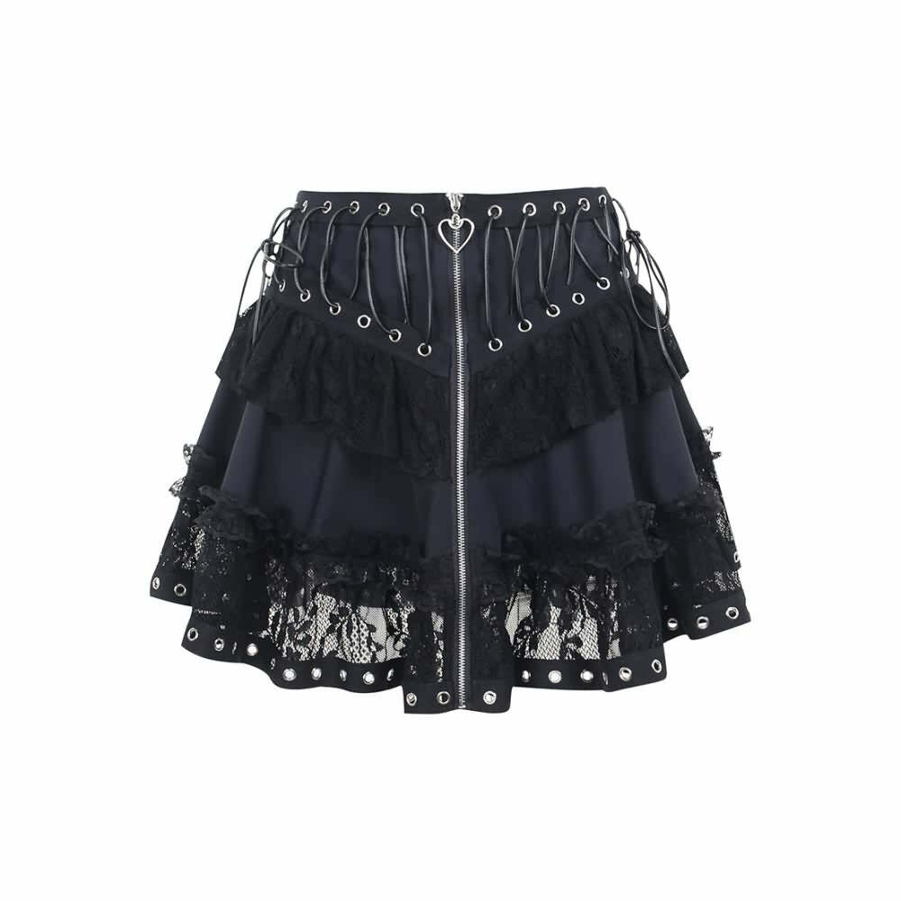 Y2K Gothic Punk Lace Mesh Ruffle Tiered Skirt - 90s Grunge Summer Outfit for Women