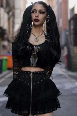 Y2K Gothic Punk Lace Mesh Ruffle Tiered Skirt - 90s Grunge Summer Outfit for Women