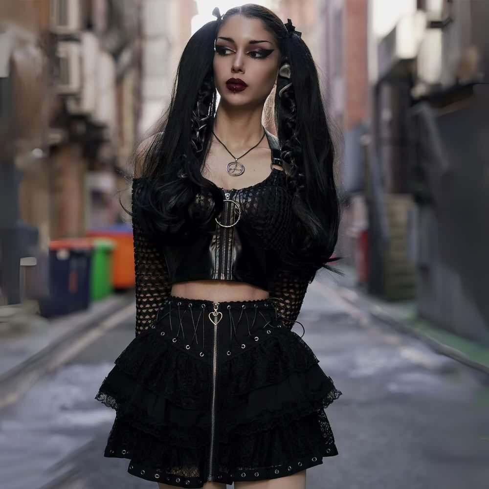 Y2K Gothic Punk Lace Mesh Ruffle Tiered Skirt - 90s Grunge Summer Outfit for Women