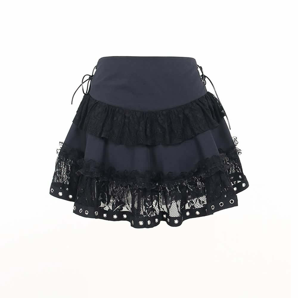Y2K Gothic Punk Lace Mesh Ruffle Tiered Skirt - 90s Grunge Summer Outfit for Women