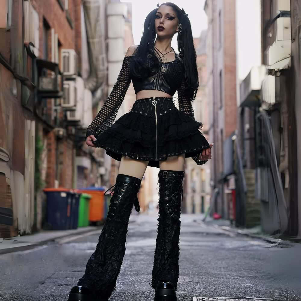 Y2K Gothic Punk Lace Mesh Ruffle Tiered Skirt - 90s Grunge Summer Outfit for Women
