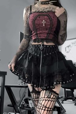 Y2K Gothic Punk Lace Mesh Ruffle Tiered Skirt - 90s Grunge Summer Outfit for Women