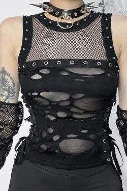 Y2K Gothic Punk Mesh Distressed Crop Tank Top - 90s Grunge Summer Outfit for Women