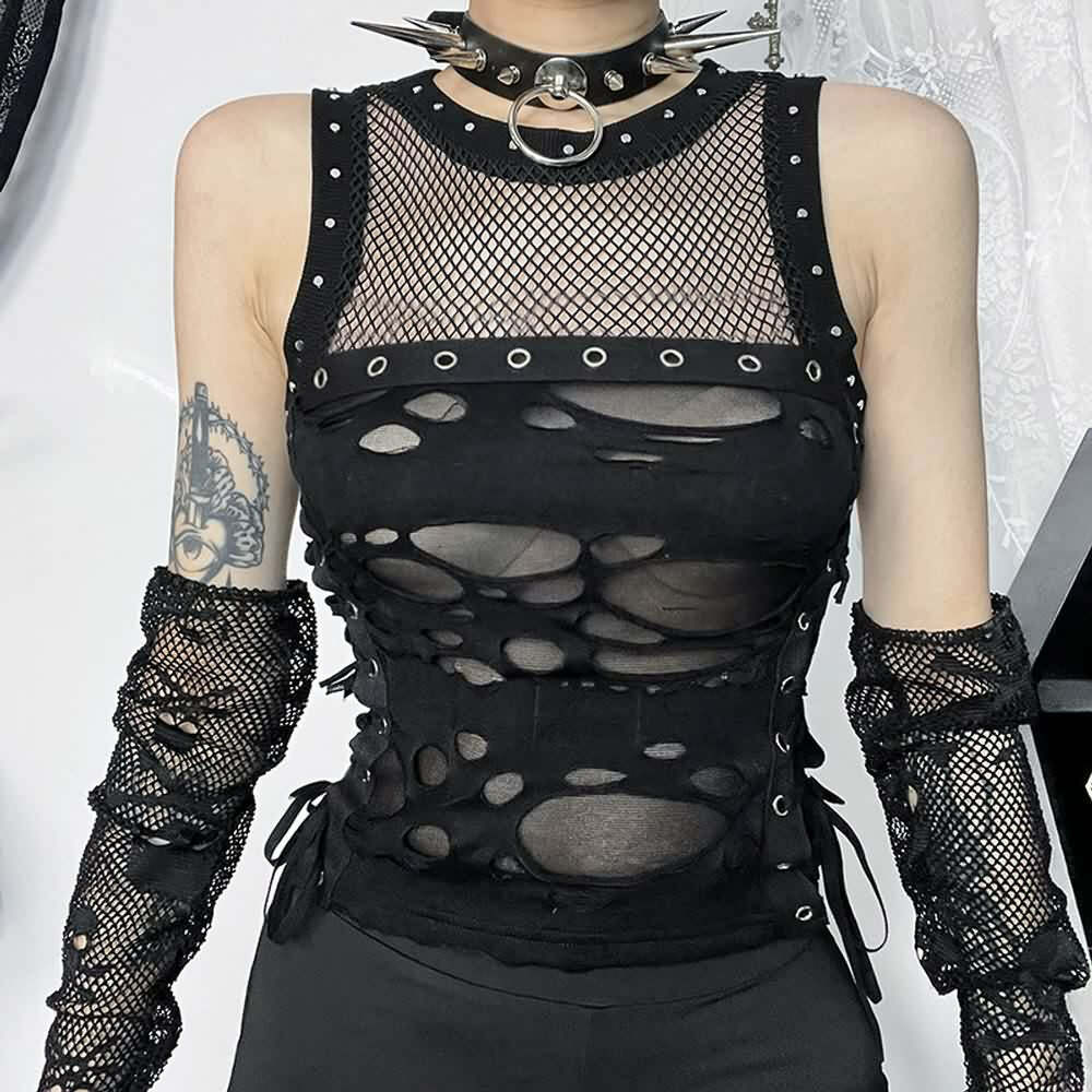 Y2K Gothic Punk Mesh Distressed Crop Tank Top - 90s Grunge Summer Outfit for Women