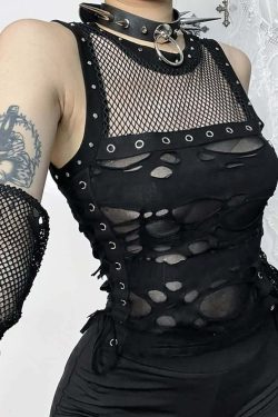 Y2K Gothic Punk Mesh Distressed Crop Tank Top - 90s Grunge Summer Outfit for Women