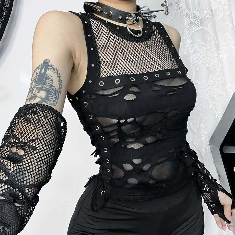 Y2K Gothic Punk Mesh Distressed Crop Tank Top - 90s Grunge Summer Outfit for Women