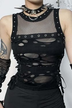 Y2K Gothic Punk Mesh Distressed Crop Tank Top - 90s Grunge Summer Outfit for Women
