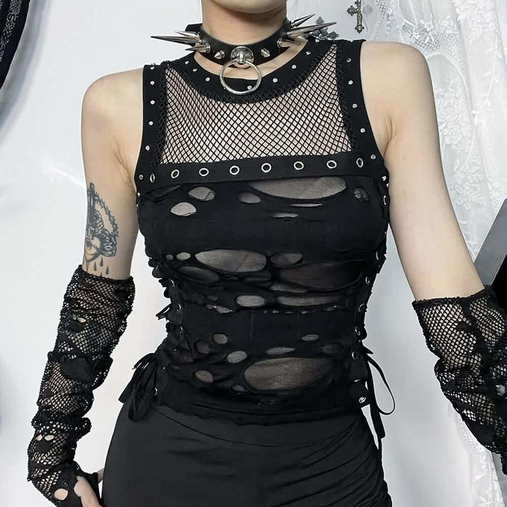 Y2K Gothic Punk Mesh Distressed Crop Tank Top - 90s Grunge Summer Outfit for Women