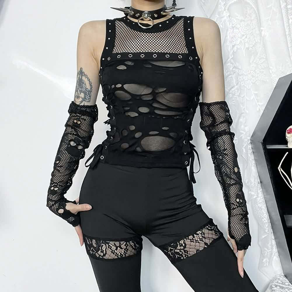Y2K Gothic Punk Mesh Distressed Crop Tank Top - 90s Grunge Summer Outfit for Women