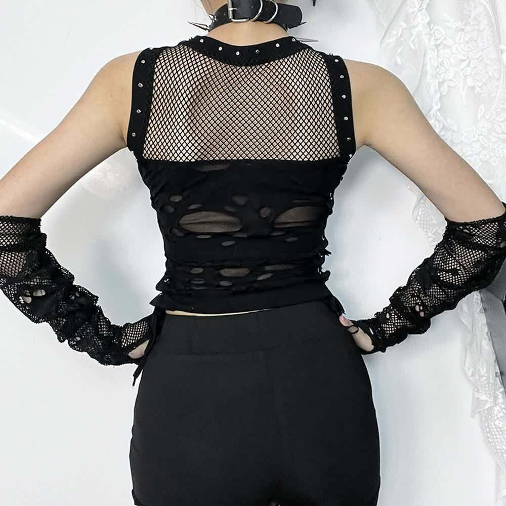 Y2K Gothic Punk Mesh Distressed Crop Tank Top - 90s Grunge Summer Outfit for Women