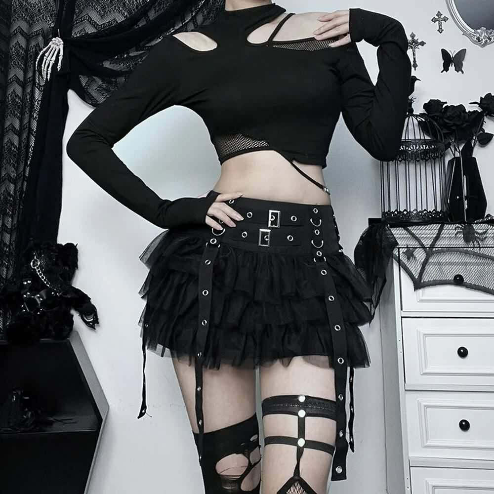 Y2K Gothic Punk Mesh Tiered Ruffle Mini Skirt - 90s Grunge Summer Outfit for Women