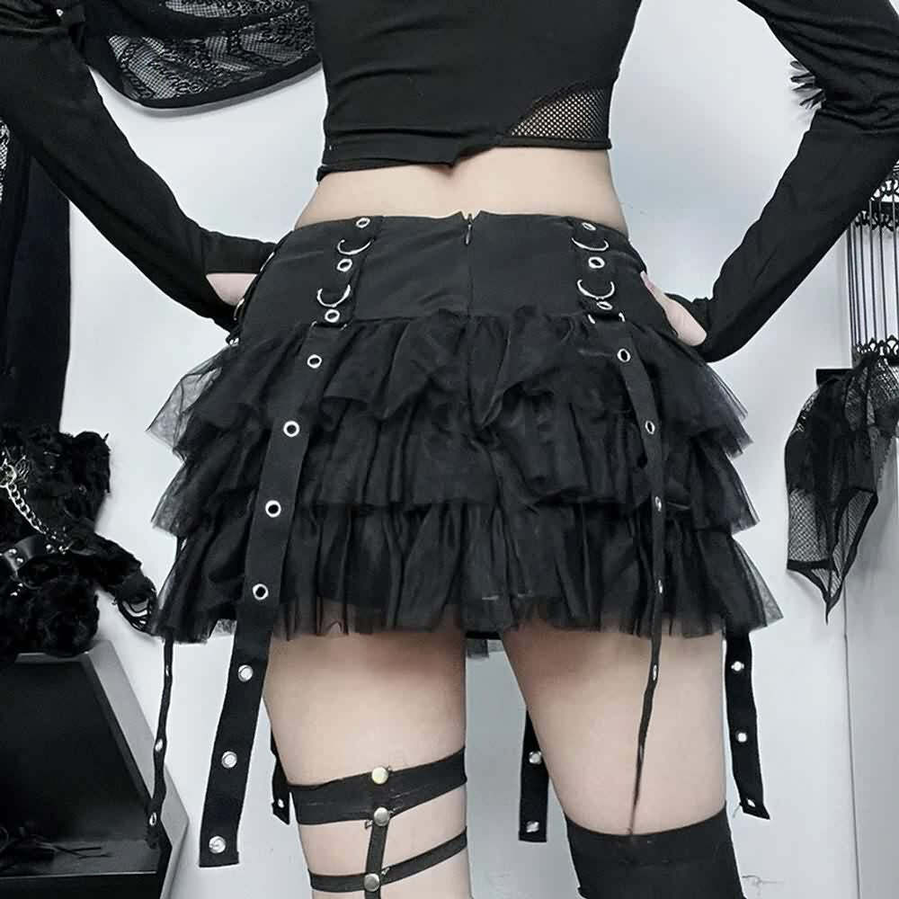 Y2K Gothic Punk Mesh Tiered Ruffle Mini Skirt - 90s Grunge Summer Outfit for Women