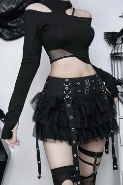 Y2K Gothic Punk Mesh Tiered Ruffle Mini Skirt - 90s Grunge Summer Outfit for Women