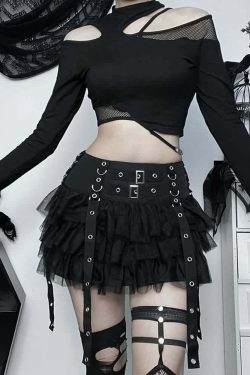Y2K Gothic Punk Mesh Tiered Ruffle Mini Skirt - 90s Grunge Summer Outfit for Women