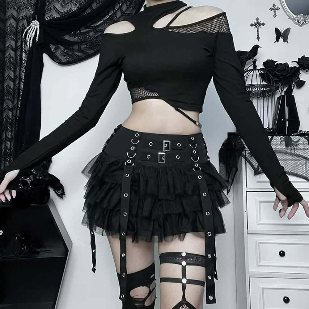 Y2K Gothic Punk Mesh Tiered Ruffle Mini Skirt - 90s Grunge Summer Outfit for Women