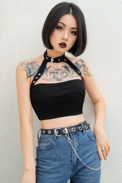 Y2K Gothic Punk Open Back Halter Crop Top - 90s Grunge Summer Outfit, Retro Y2K Fashion