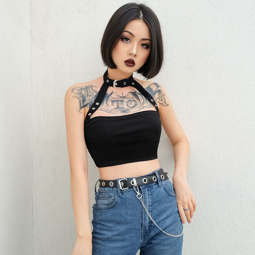 Y2K Gothic Punk Open Back Halter Crop Top - 90s Grunge Summer Outfit, Retro Y2K Fashion