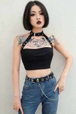 Y2K Gothic Punk Open Back Halter Crop Top - 90s Grunge Summer Outfit, Retro Y2K Fashion