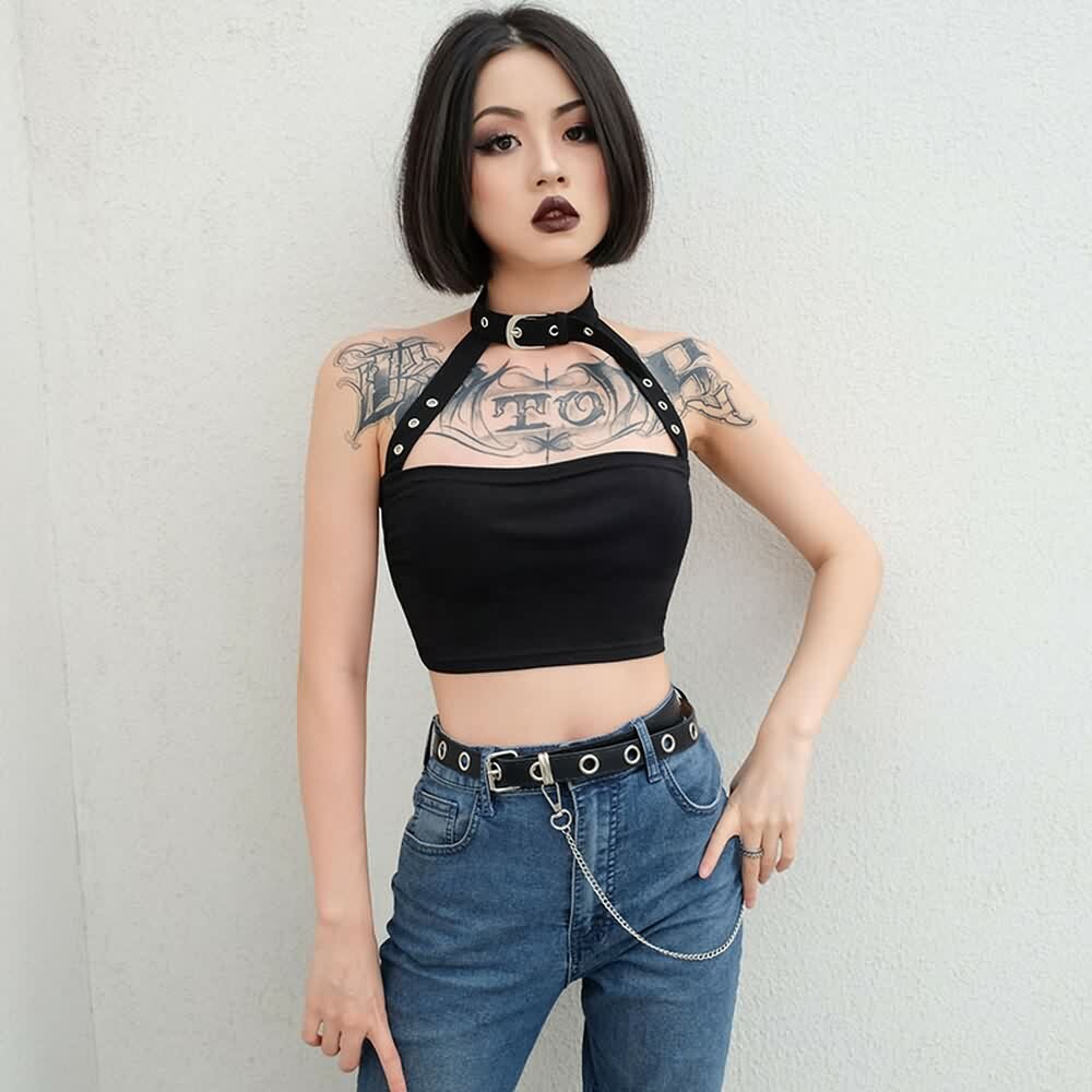 Y2K Gothic Punk Open Back Halter Crop Top - 90s Grunge Summer Outfit, Retro Y2K Fashion