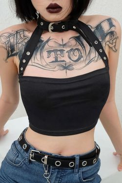 Y2K Gothic Punk Open Back Halter Crop Top - 90s Grunge Summer Outfit, Retro Y2K Fashion