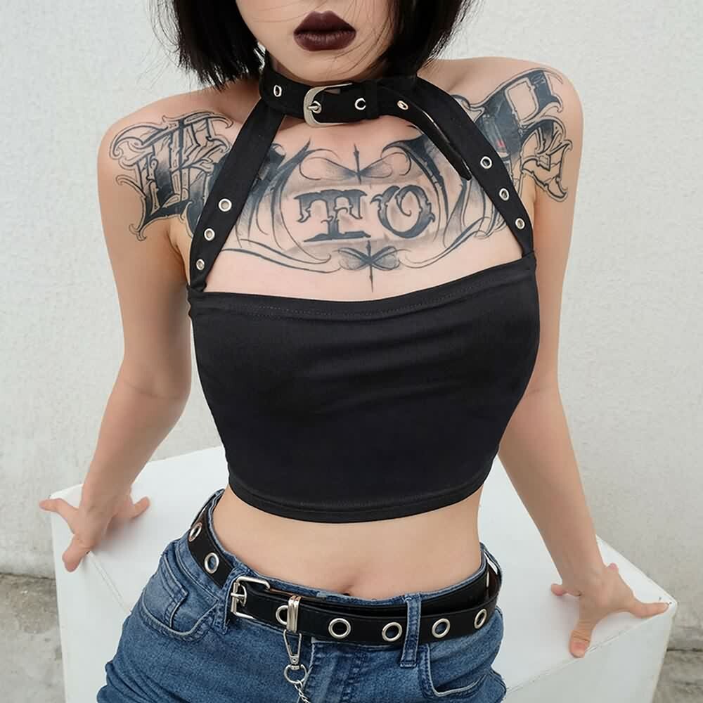 Y2K Gothic Punk Open Back Halter Crop Top - 90s Grunge Summer Outfit, Retro Y2K Fashion