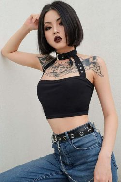 Y2K Gothic Punk Open Back Halter Crop Top - 90s Grunge Summer Outfit, Retro Y2K Fashion