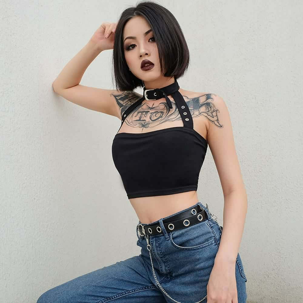 Y2K Gothic Punk Open Back Halter Crop Top - 90s Grunge Summer Outfit, Retro Y2K Fashion