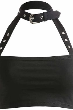 Y2K Gothic Punk Open Back Halter Crop Top - 90s Grunge Summer Outfit, Retro Y2K Fashion