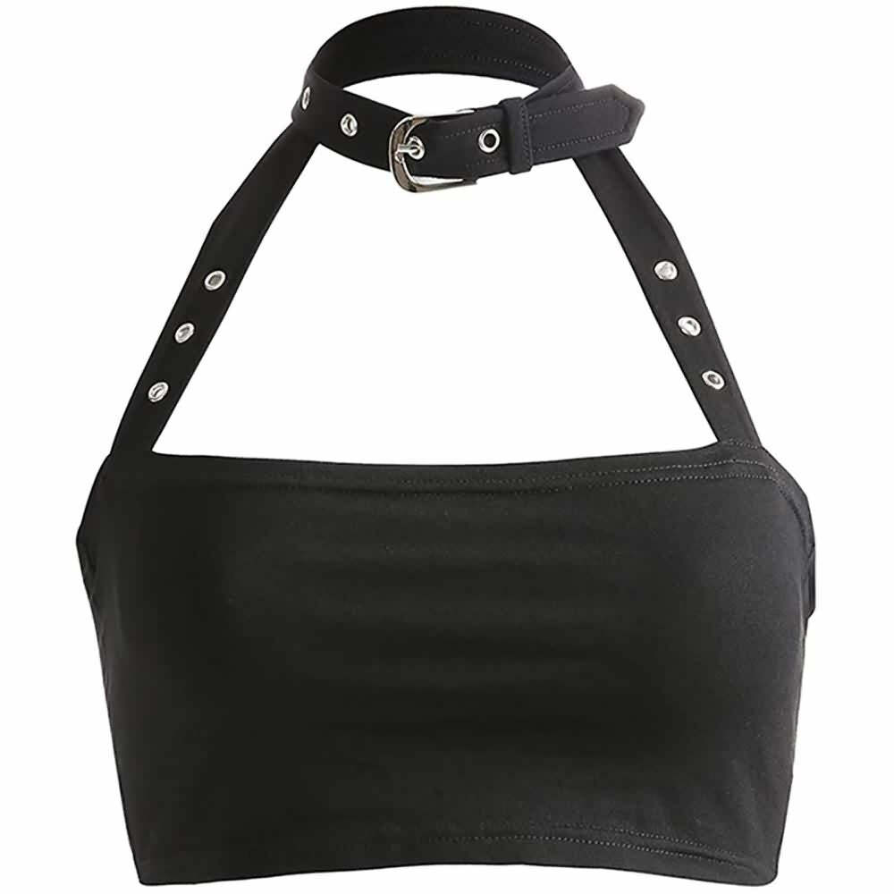 Y2K Gothic Punk Open Back Halter Crop Top - 90s Grunge Summer Outfit, Retro Y2K Fashion