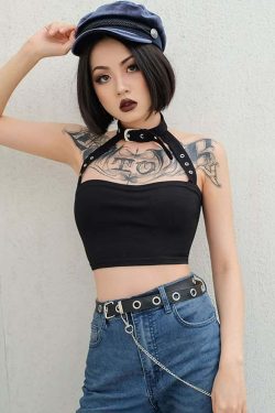 Y2K Gothic Punk Open Back Halter Crop Top - 90s Grunge Summer Outfit, Retro Y2K Fashion