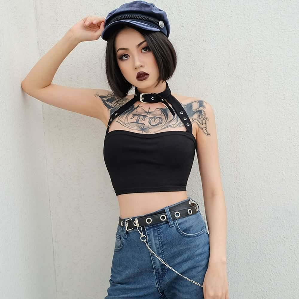 Y2K Gothic Punk Open Back Halter Crop Top - 90s Grunge Summer Outfit, Retro Y2K Fashion