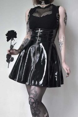 Y2K Gothic Punk Patent Leather Skirt - Retro 90s Grunge Outfit, Y2K Summer & Party Fashion