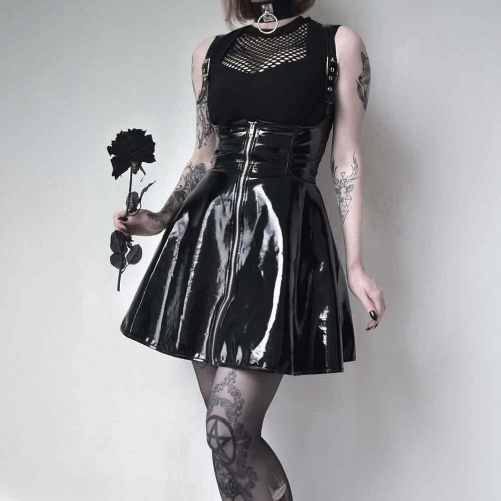 Y2K Gothic Punk Patent Leather Skirt - Retro 90s Grunge Outfit, Y2K Summer & Party Fashion