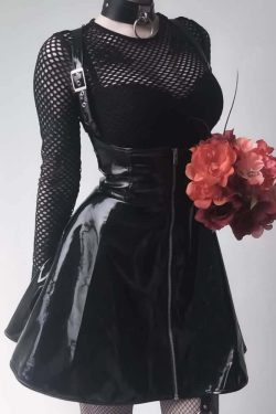 Y2K Gothic Punk Patent Leather Skirt - Retro 90s Grunge Outfit, Y2K Summer & Party Fashion