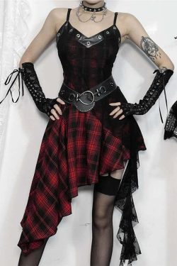 Y2K Gothic Punk Plaid Lace Asymmetrical Dress - 90s Grunge Summer Outfit for Retro Style