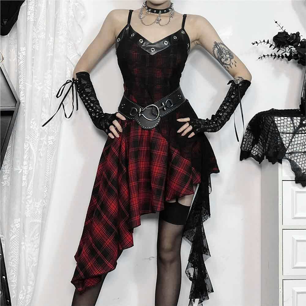 Y2K Gothic Punk Plaid Lace Asymmetrical Dress - 90s Grunge Summer Outfit for Retro Style