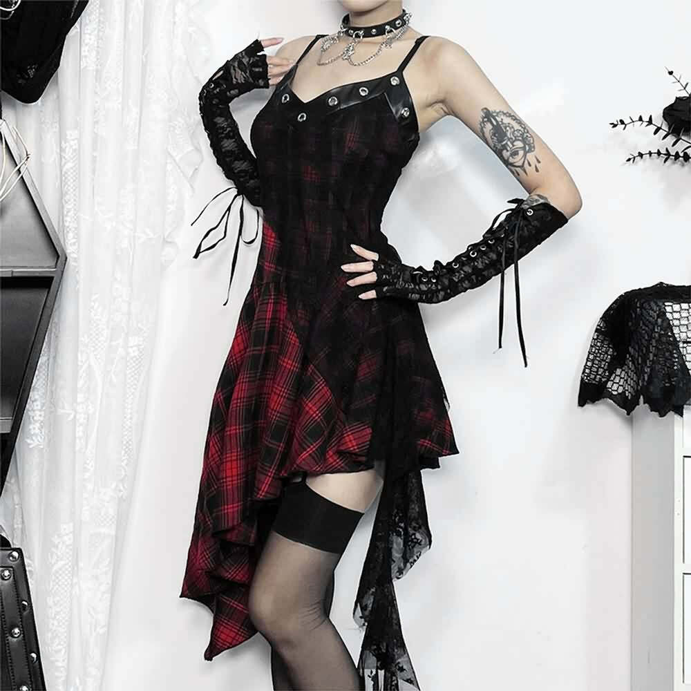 Y2K Gothic Punk Plaid Lace Asymmetrical Dress - 90s Grunge Summer Outfit for Retro Style