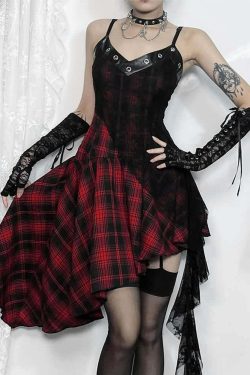 Y2K Gothic Punk Plaid Lace Asymmetrical Dress - 90s Grunge Summer Outfit for Retro Style