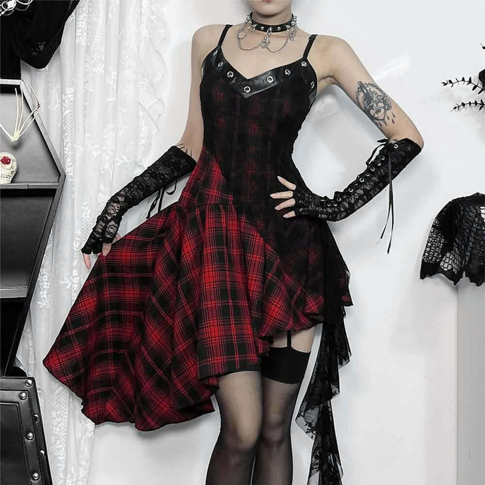 Y2K Gothic Punk Plaid Lace Asymmetrical Dress - 90s Grunge Summer Outfit for Retro Style