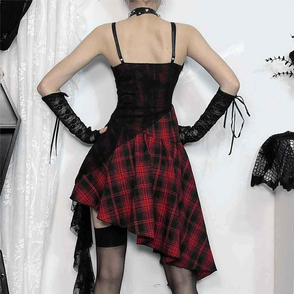 Y2K Gothic Punk Plaid Lace Asymmetrical Dress - 90s Grunge Summer Outfit for Retro Style