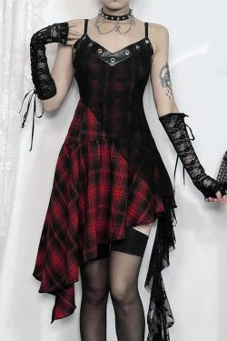 Y2K Gothic Punk Plaid Lace Asymmetrical Dress - 90s Grunge Summer Outfit for Retro Style