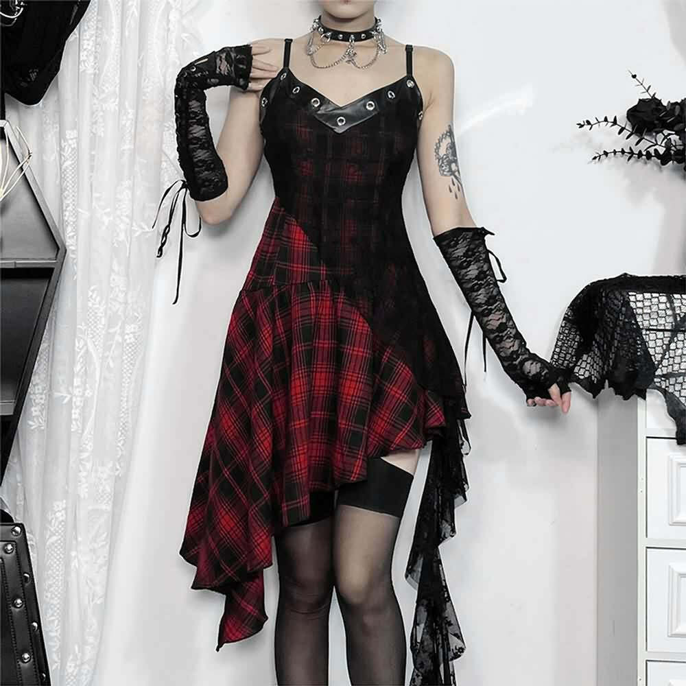 Y2K Gothic Punk Plaid Lace Asymmetrical Dress - 90s Grunge Summer Outfit for Retro Style