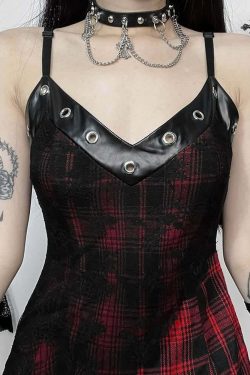 Y2K Gothic Punk Plaid Lace Asymmetrical Dress - 90s Grunge Summer Outfit for Retro Style