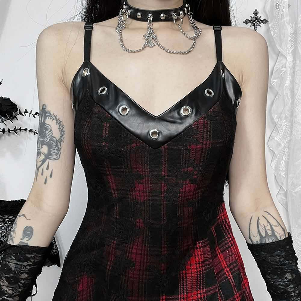 Y2K Gothic Punk Plaid Lace Asymmetrical Dress - 90s Grunge Summer Outfit for Retro Style
