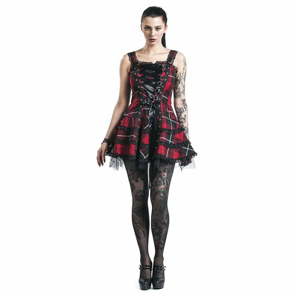 Y2K Gothic Punk Red Plaid Dress - 90s Grunge Summer Outfit, Retro Style, Y2K Party Fashion